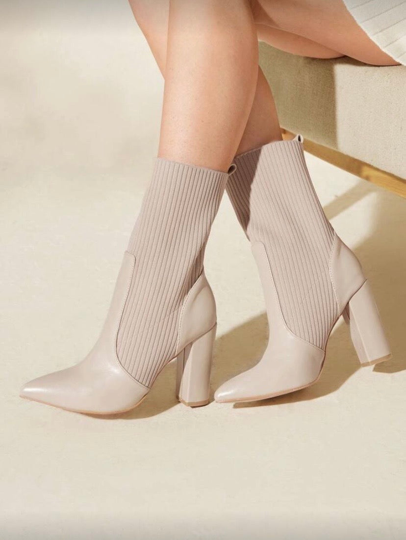 CUCCOO BASICS Apricot Color Fabric Chelsea Pointed Toe Chunky High Heel Mid-Calf Boots, Fashion Women Shoes For And Spring Shoes Spring Break Easter For Christmas