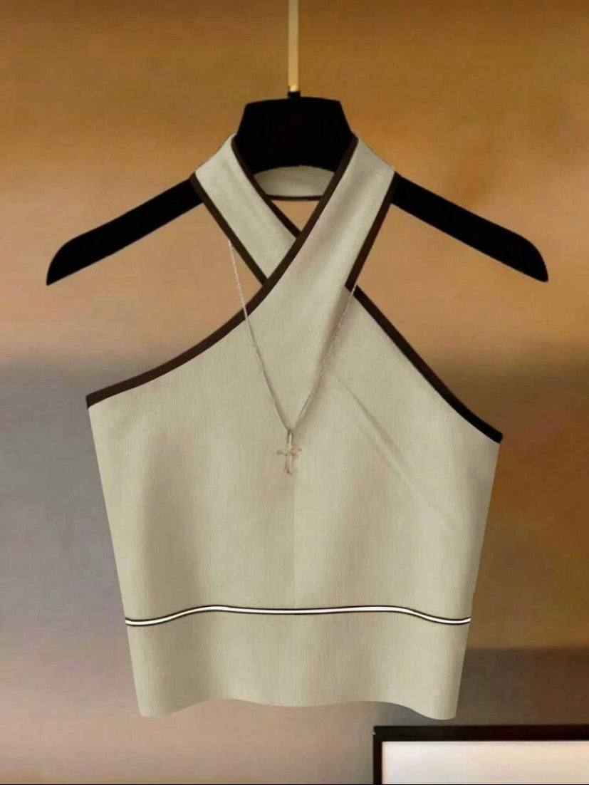 Haut sans manches à col halter avec finitions contrastées, style élégant et polyvalent 👚