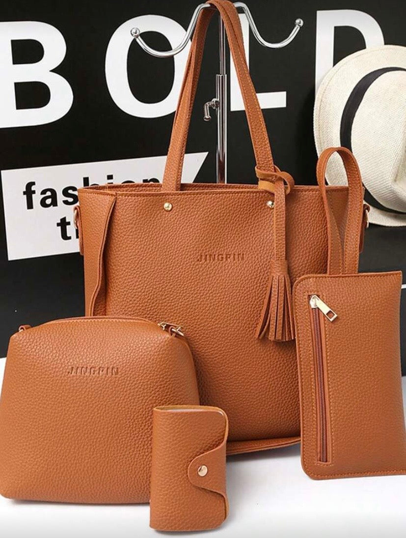 Ensemble 4 pièces de sacs texturés, porté épaule ou main, style élégant et polyvalent 👜