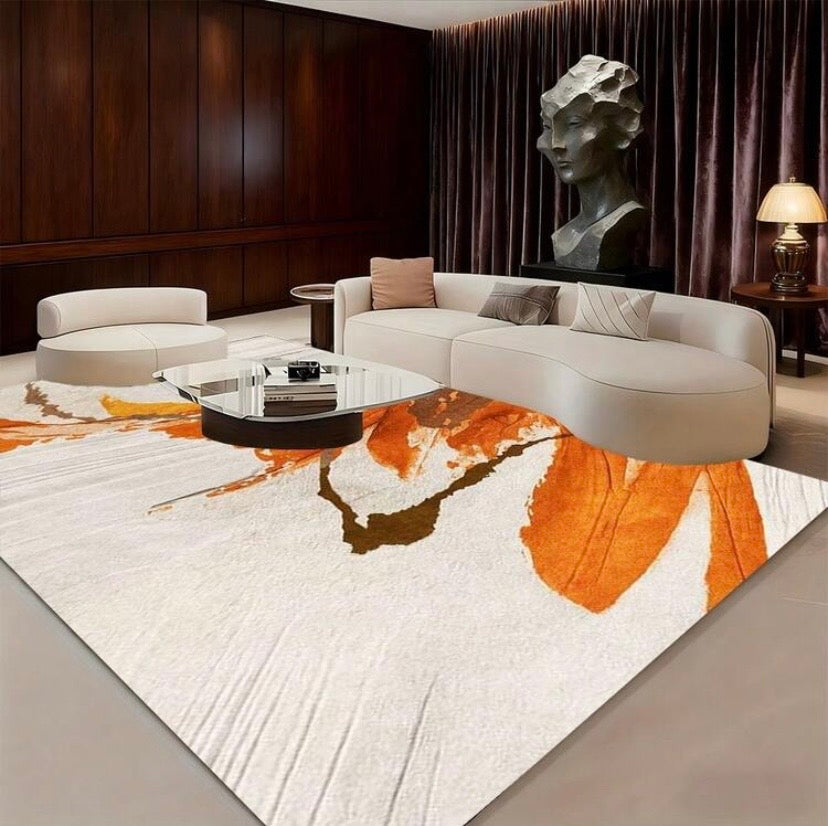 Tapis abstrait aux couleurs éclatantes avec motifs effet éclaboussures d’encre, idéal pour une décoration moderne de salon, chambre ou bureau.