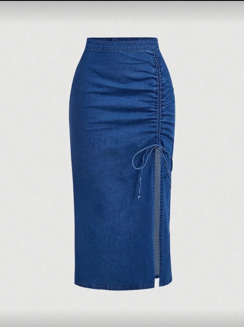 Jupe en denim à couleur unie avec cordon de serrage pour femme
