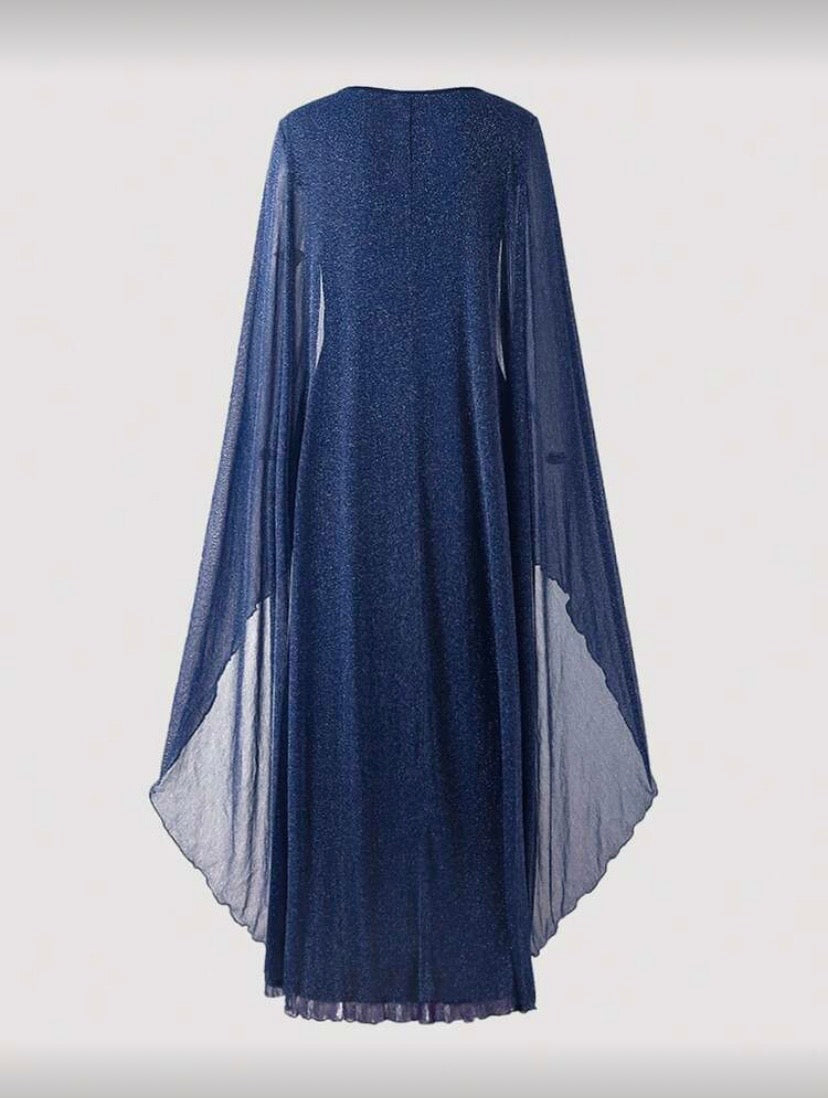 Robe maxi scintillante à manches longues, col V torsadé et coupe fluide élégante