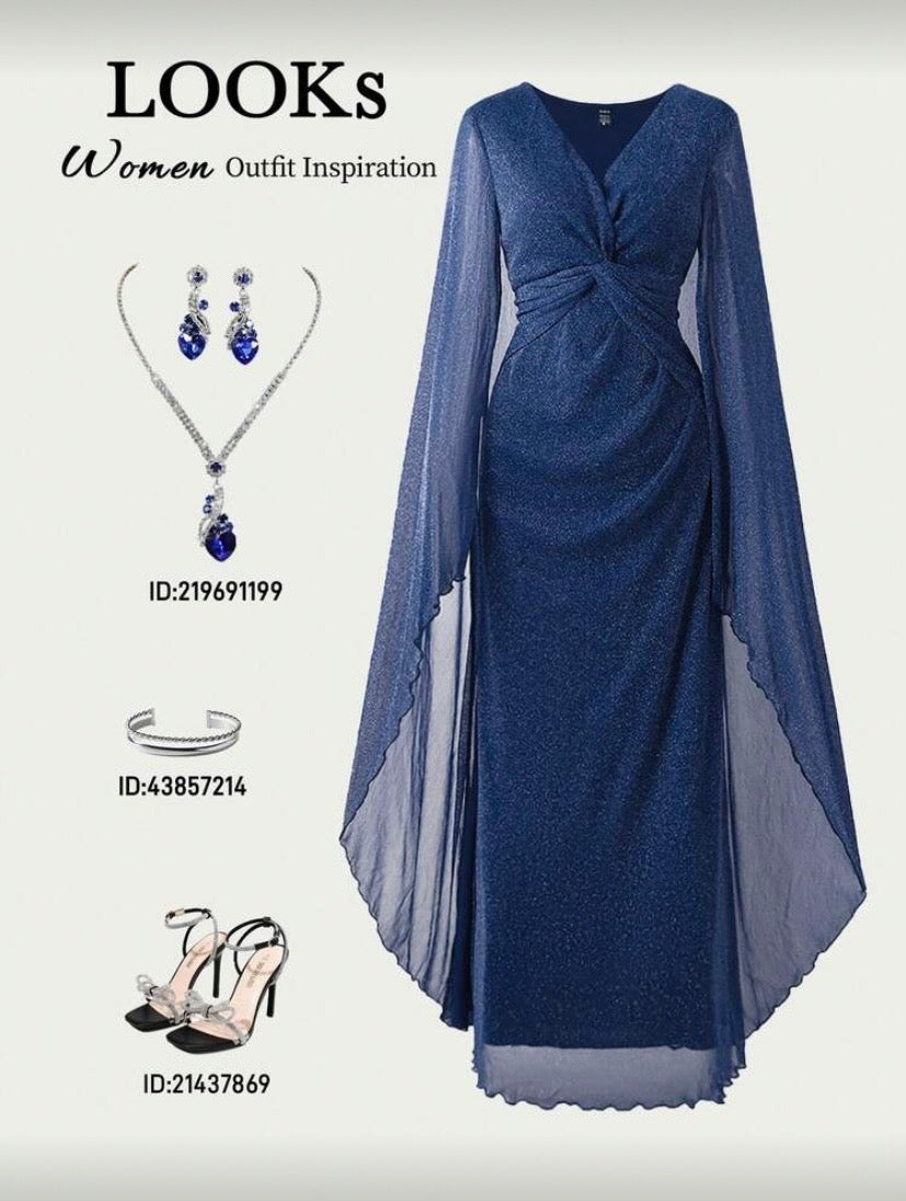 Robe maxi scintillante à manches longues, col V torsadé et coupe fluide élégante