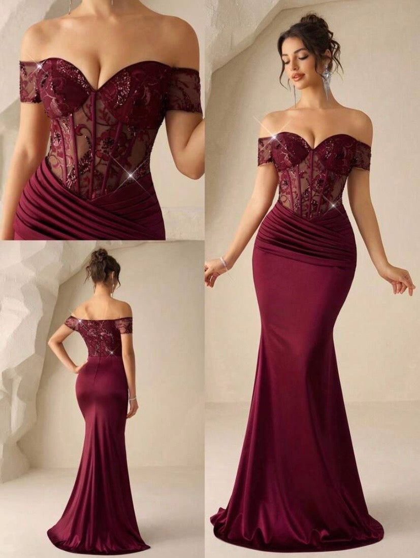 Robe de soirée sirène élégante à épaules dénudées avec finitions satinées transparentes et broderies à sequins, idéale pour galas, mariages, cérémonies et événements formels