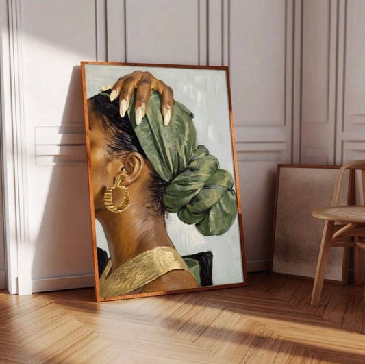 Poster mural bohème abstrait représentant une femme africaine, style minimaliste moderne avec option cadre, idéal pour salon ou chambre.