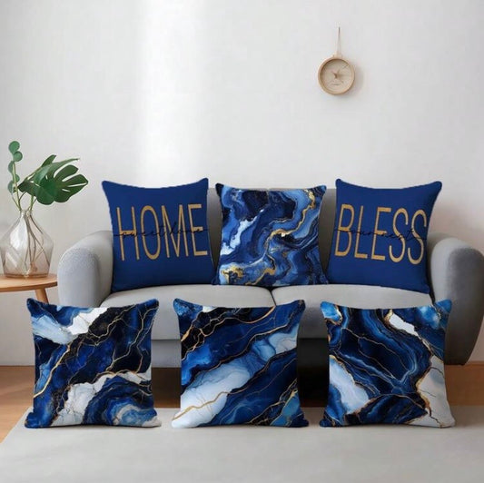 Lot de 6 housses de coussin à motif marbre bleu en velours doux, idéales pour apporter une touche moderne à votre salon ou votre chambre.