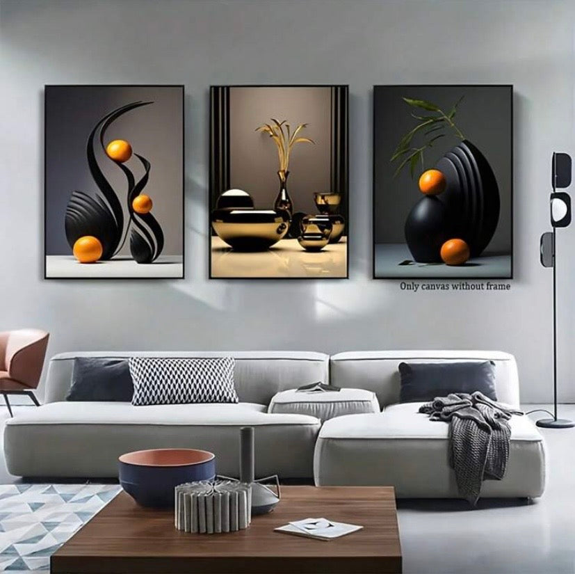 Lot de 3 affiches abstraites sur toile avec effet sculpture 3D, décoration murale moderne sans cadre pour salon, chambre ou bureau.