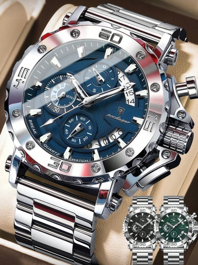 Montre Homme Quartz Chronographe en Acier Inoxydable, Affichage Date et Aiguilles Lumineuses, Style Sport Quotidien