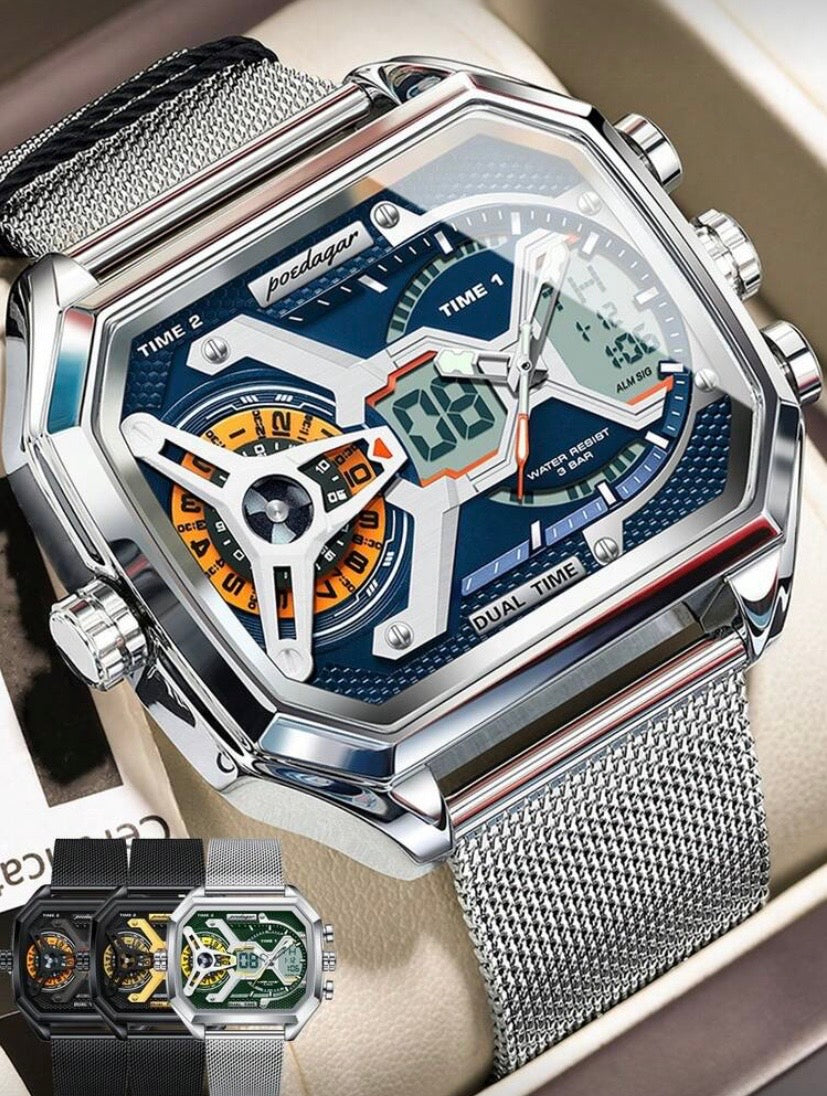 Montre Homme Multifonction en Acier à Maille, Affichage Date/Jour, LED et 3 Fuseaux Horaires, Étanche