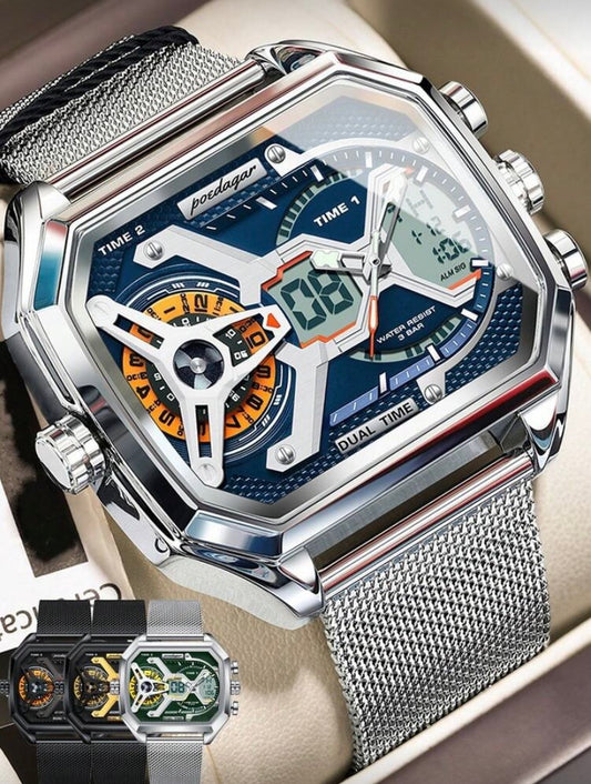 Montre Homme Multifonction en Acier à Maille, Affichage Date/Jour, LED et 3 Fuseaux Horaires, Étanche