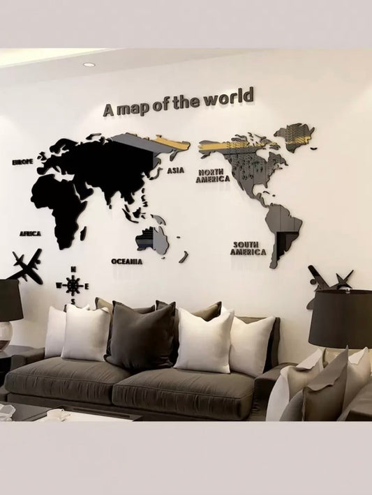 Sticker mural miroir en acrylique 3D représentant une carte du monde, décoration moderne adhésive pour maison et bureau.