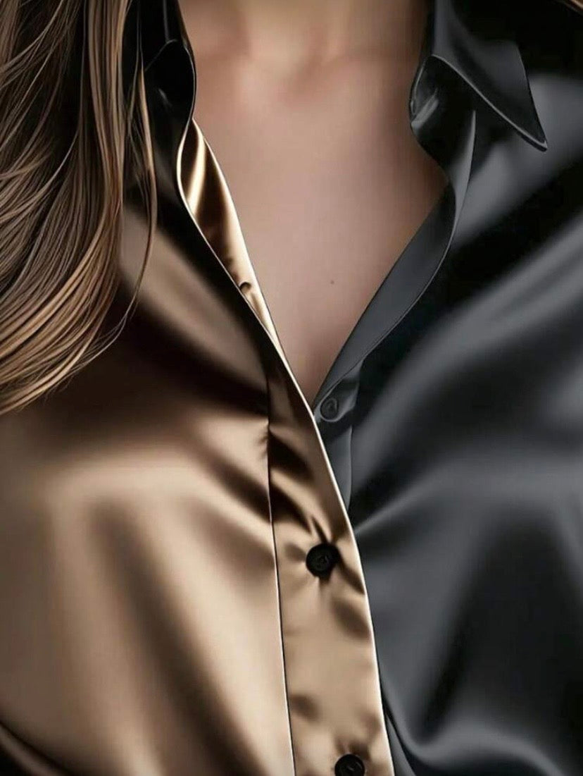 Chemise satinée à boutons et color block, manches longues, style élégant pour le quotidien 👚