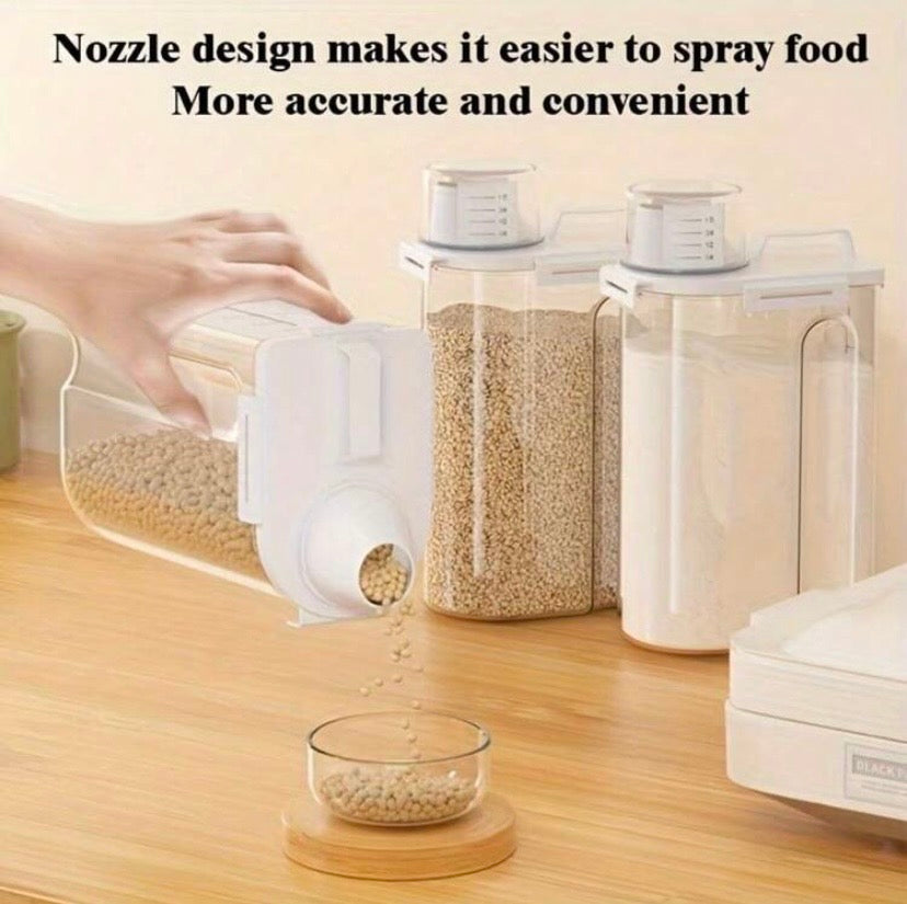 Lot de 4 boîtes de conservation hermétiques pour aliments secs avec gobelet doseur, idéales pour riz, céréales, farine, sucre ou nourriture pour animaux.