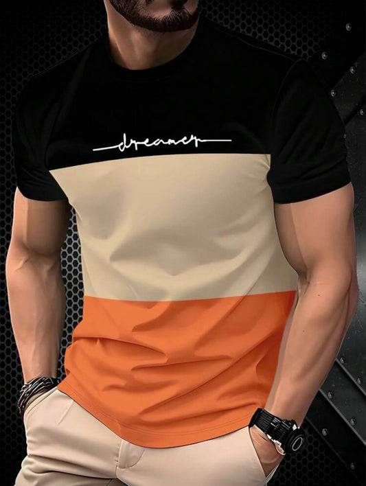 T-Shirt Patchwork Tricolore, Manches Courtes, Léger et Respirant, Coupe Confortable