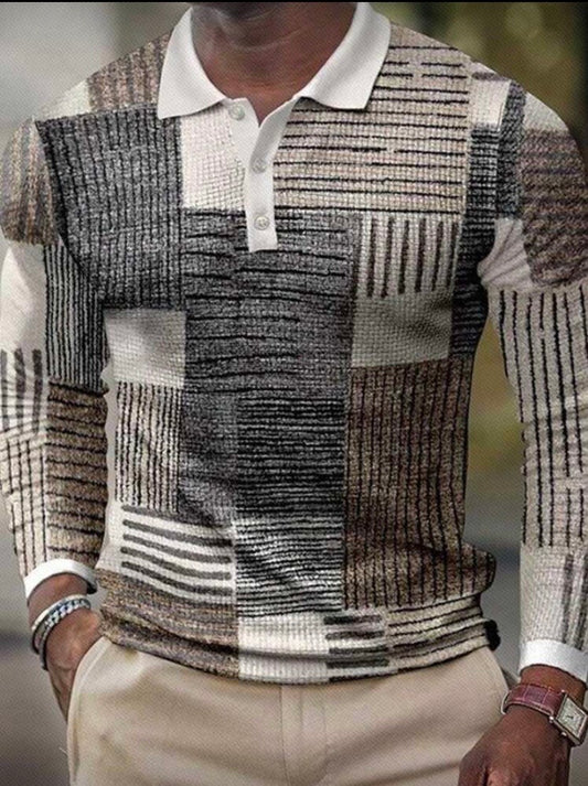 Polo Homme Patchwork à Manches Longues – Demi-Boutons, Style Urbain Automne