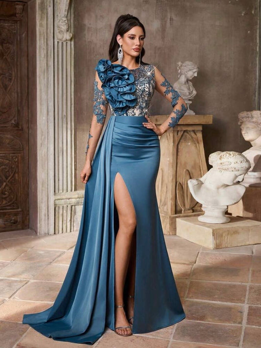 Robe de soirée luxueuse en satin à col V avec sequins raffinés, manches drapées en chiffon et coupe sirène plissée, idéale pour galas, mariages et occasions formelles