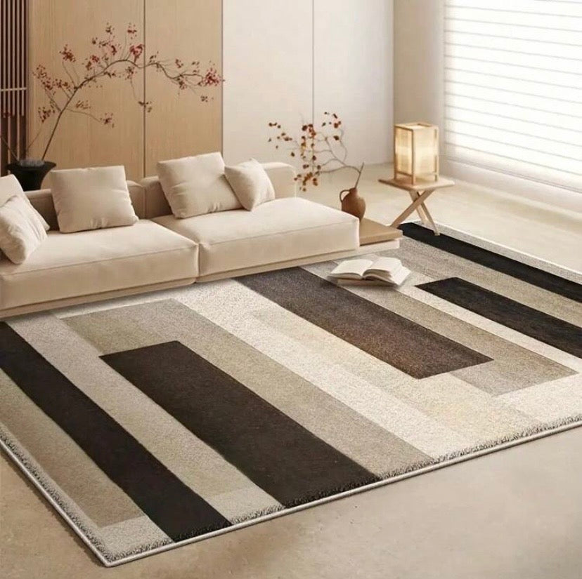 Tapis en velours style campagne américaine avec motifs abstraits, antidérapant et lavable en machine, idéal pour chambre, bureau ou entrée.