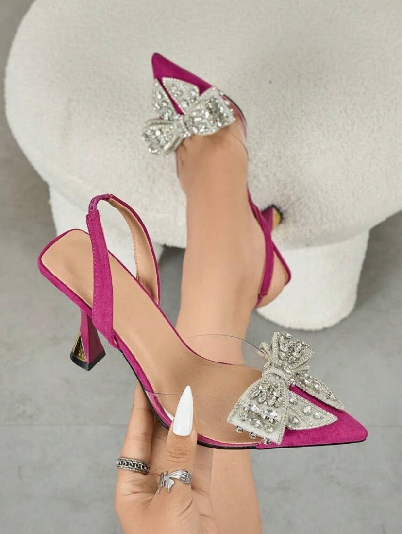 Escarpins élégants pour femme à bout pointu en PVC transparent avec nœud strass et bride, talons kitten idéals pour soirée, mariage et occasions spéciales, couleur champagne