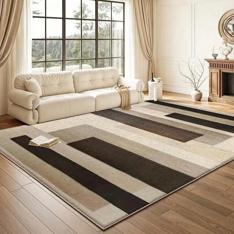Tapis en velours style campagne américaine avec motifs abstraits, antidérapant et lavable en machine, idéal pour chambre, bureau ou entrée.