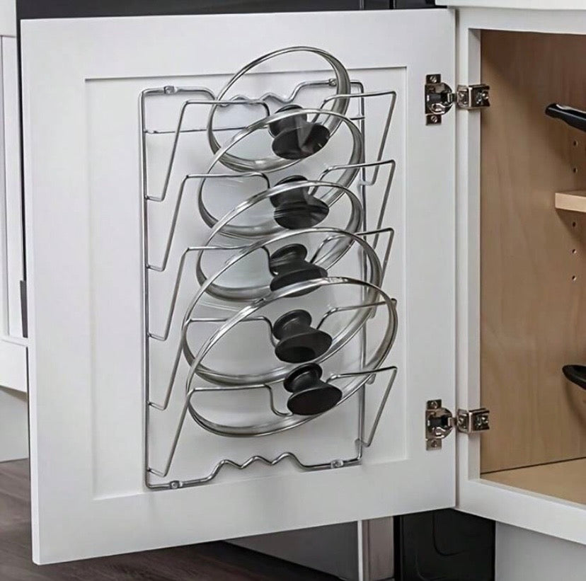 Organisateur mural de cuisine en acier inoxydable 304 avec rangement multicouche, idéal pour couvercles et accessoires tout en optimisant l’espace.