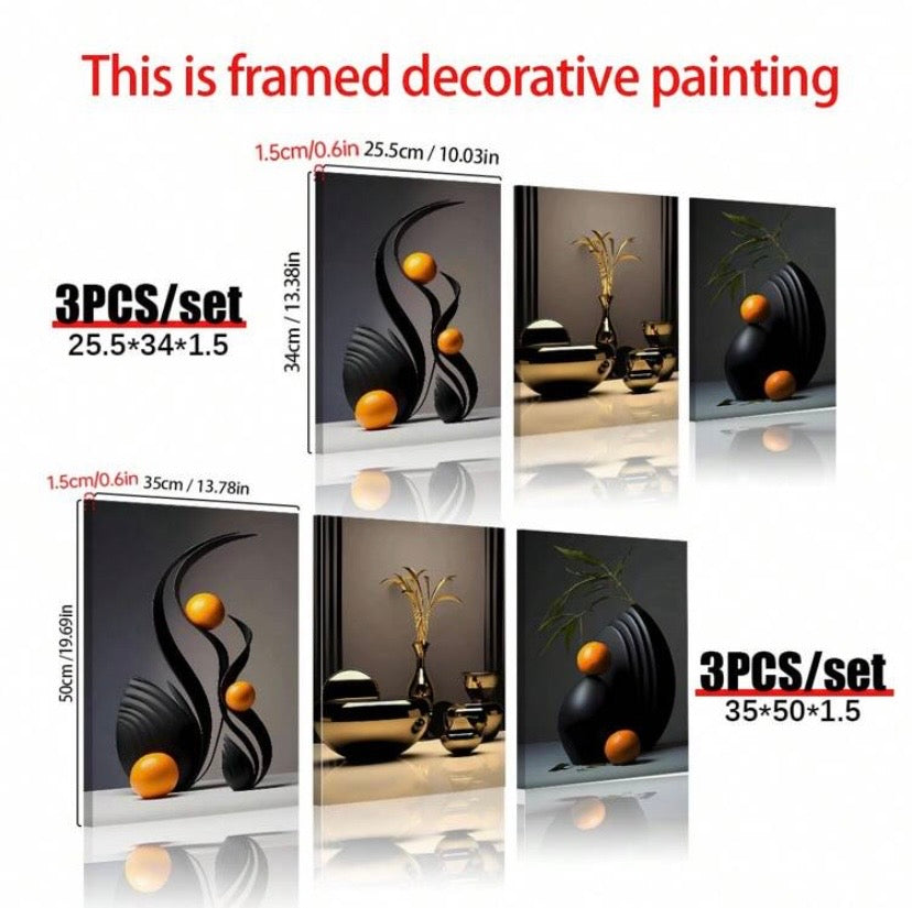 Lot de 3 affiches abstraites sur toile avec effet sculpture 3D, décoration murale moderne sans cadre pour salon, chambre ou bureau.