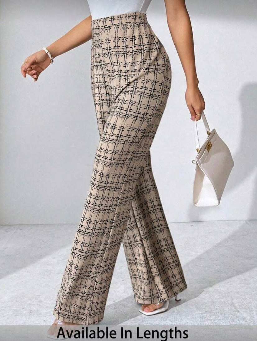 Pantalon Palazzo Grande Taille, Imprimé Carreaux, Maille Élastique, Coupe Large Élégante, Automne