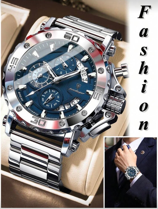 Montre Homme Quartz Chronographe en Acier Inoxydable, Affichage Date et Aiguilles Lumineuses, Style Sport Quotidien