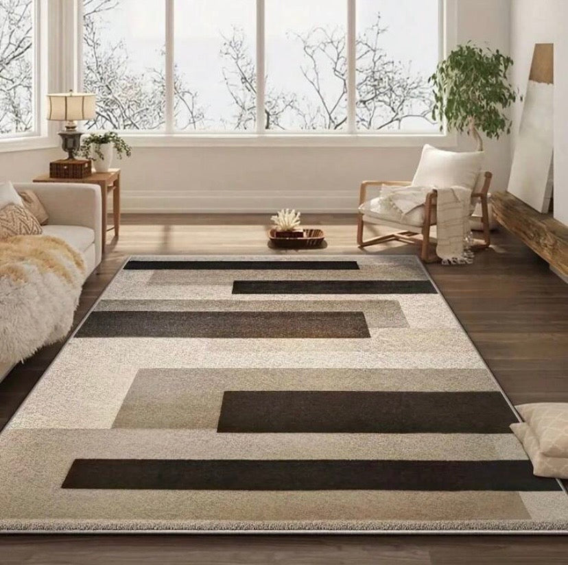 Tapis en velours style campagne américaine avec motifs abstraits, antidérapant et lavable en machine, idéal pour chambre, bureau ou entrée.