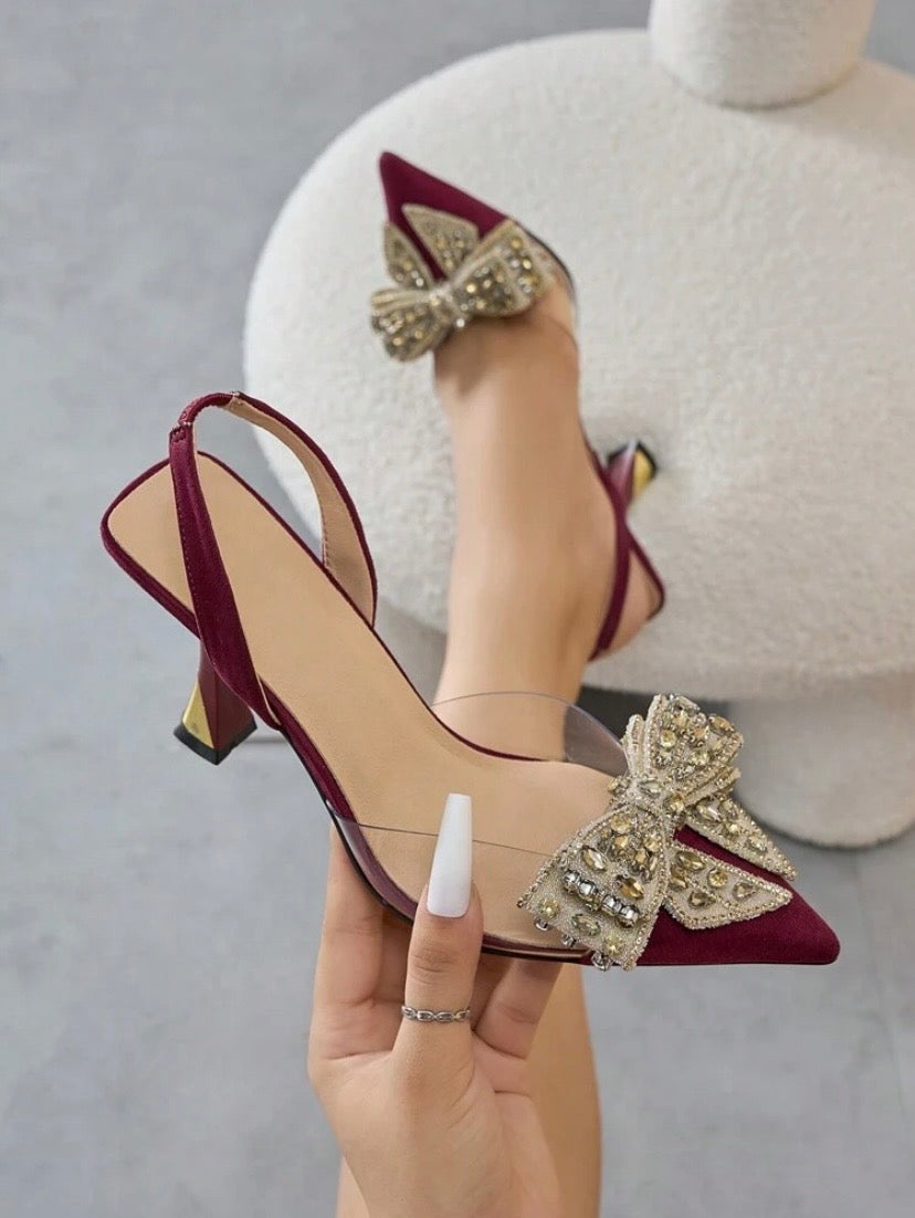Escarpins élégants pour femme à bout pointu en PVC transparent avec nœud strass et bride, talons kitten idéals pour soirée, mariage et occasions spéciales, couleur champagne