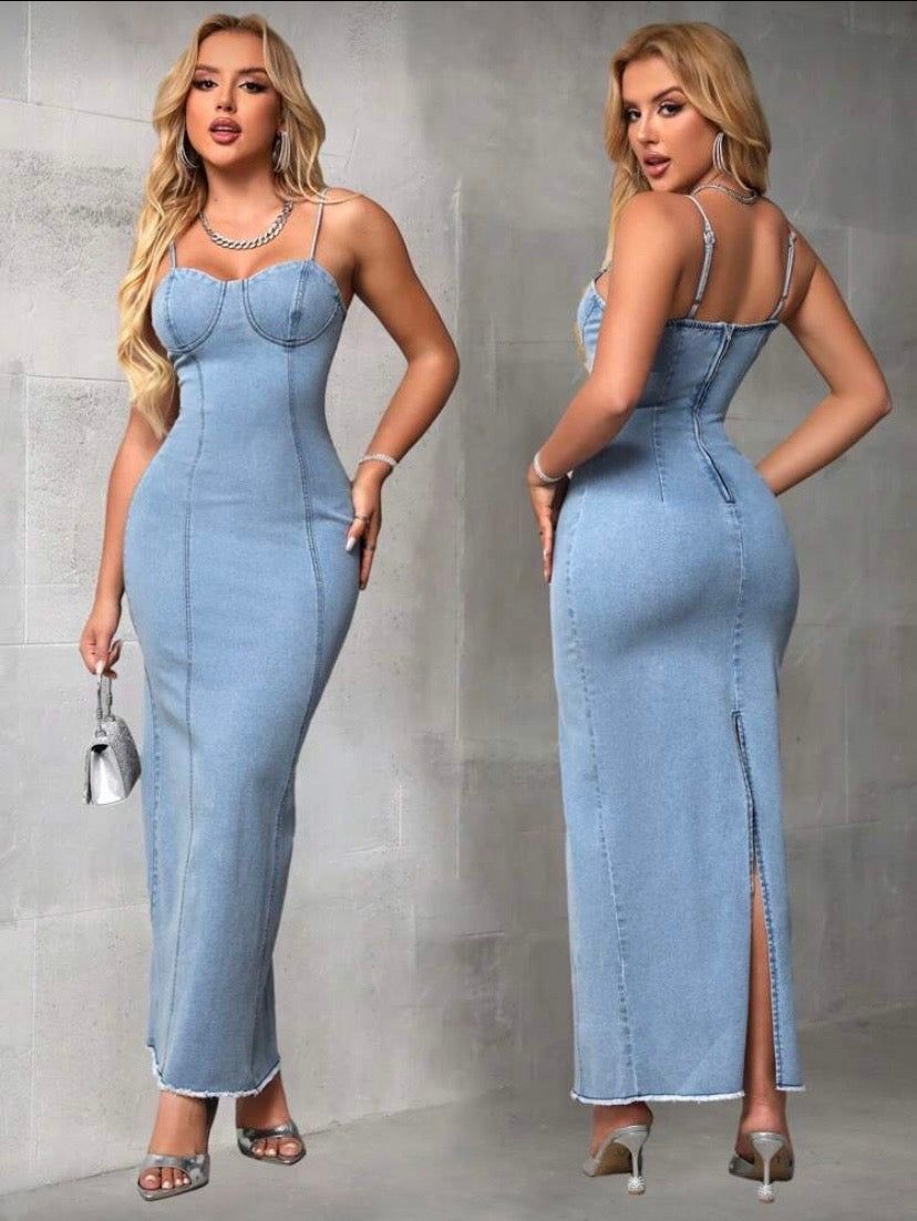 Robe Jean Femme Sans Manches avec Fente – Coupe Ajustée