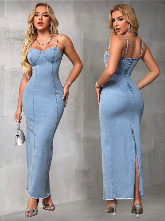 Robe Jean Femme Sans Manches avec Fente – Coupe Ajustée