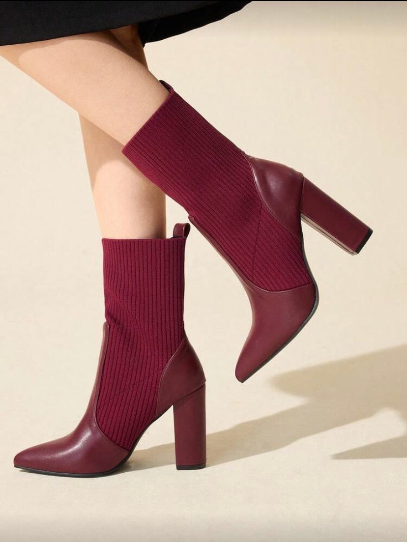 CUCCOO BASICS Apricot Color Fabric Chelsea Pointed Toe Chunky High Heel Mid-Calf Boots, Fashion Women Shoes For And Spring Shoes Spring Break Easter For Christmas