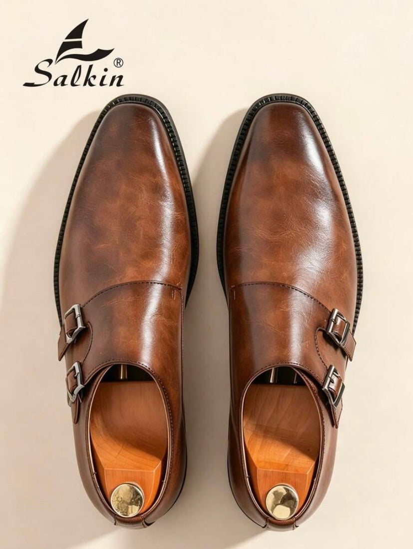 Mocassins élégants pour homme à bout pointu avec double boucle style monk strap, parfaits pour le bureau, les cérémonies et les occasions formelles.