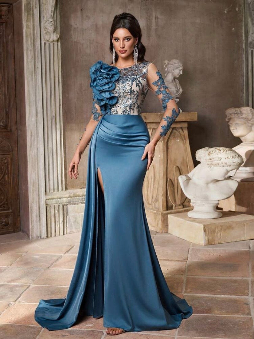 Robe de soirée luxueuse en satin à col V avec sequins raffinés, manches drapées en chiffon et coupe sirène plissée, idéale pour galas, mariages et occasions formelles