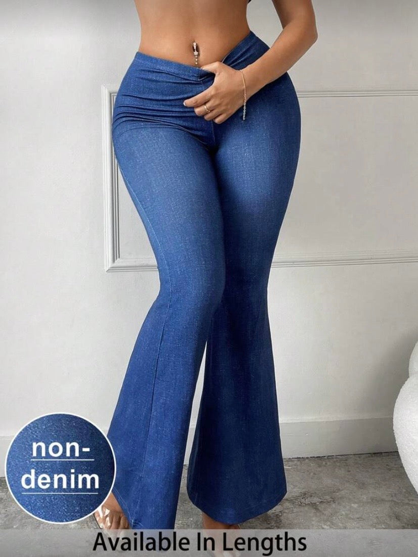 Pantalon Flare Taille Haute Effet Denim, Coupe Slim, Effet Galbant avec Taille Froncée au Dos