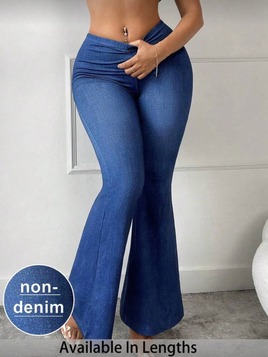 Pantalon Flare Taille Haute Effet Denim, Coupe Slim, Effet Galbant avec Taille Froncée au Dos
