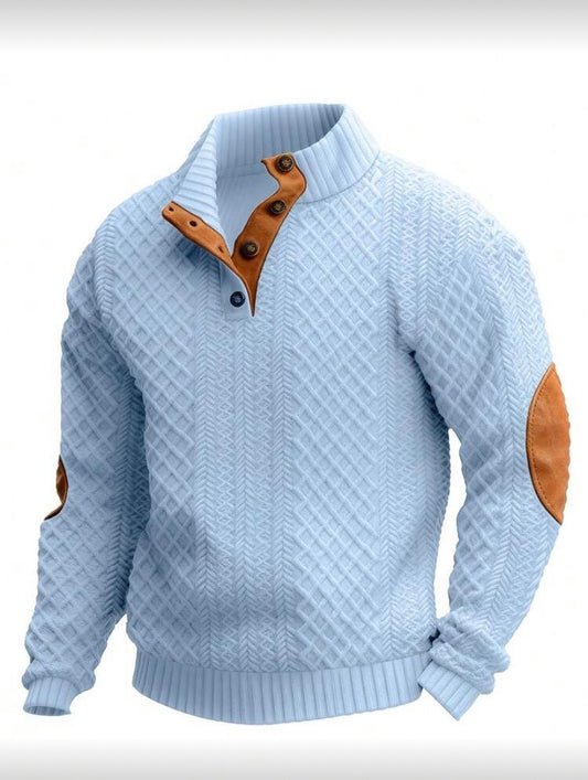 Polo Homme Demi-Zip en Maille Jacquard – Patchs aux Coudes, Style Vintage Printanier & Automnal