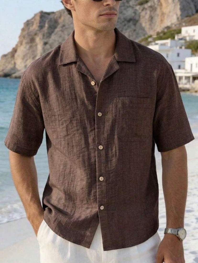 Chemise décontractée pour homme coupe ample effet lin, légère et respirante, idéale pour les vacances d’été et les sorties décontractées.