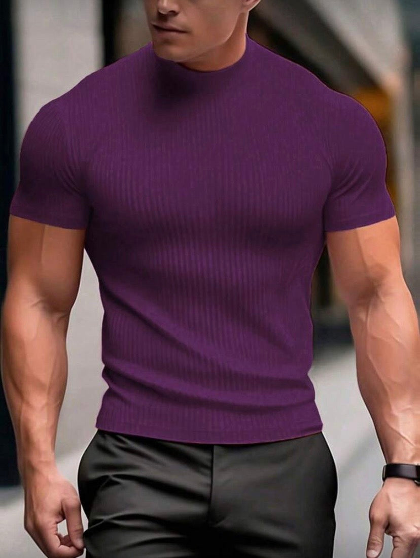 T-shirt homme uni à manches courtes avec col montant côtelé