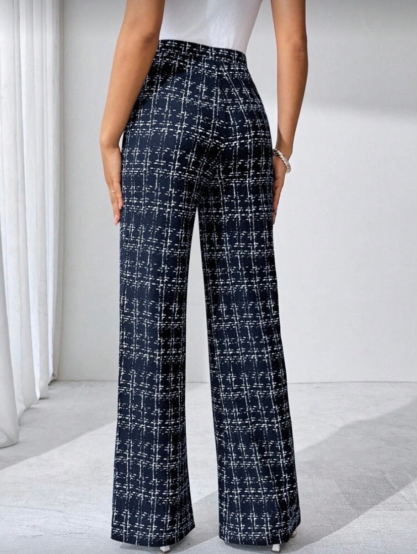 Pantalon Palazzo Grande Taille, Imprimé Carreaux, Maille Élastique, Coupe Large Élégante, Automne