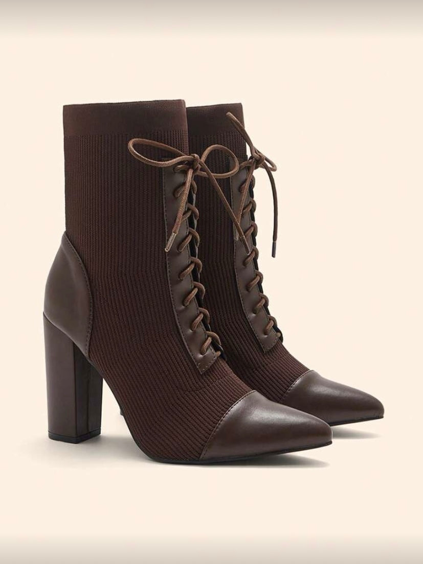 CUCCOO BASICS Apricot Color Fabric Chelsea Pointed Toe Chunky High Heel Mid-Calf Boots, Fashion Women Shoes For And Spring Shoes Spring Break Easter For Christmas