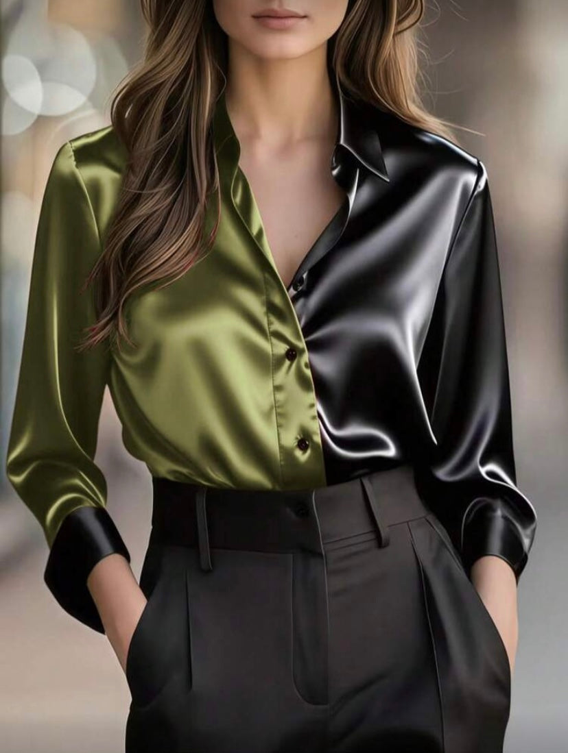 Chemise satinée à boutons et color block, manches longues, style élégant pour le quotidien 👚