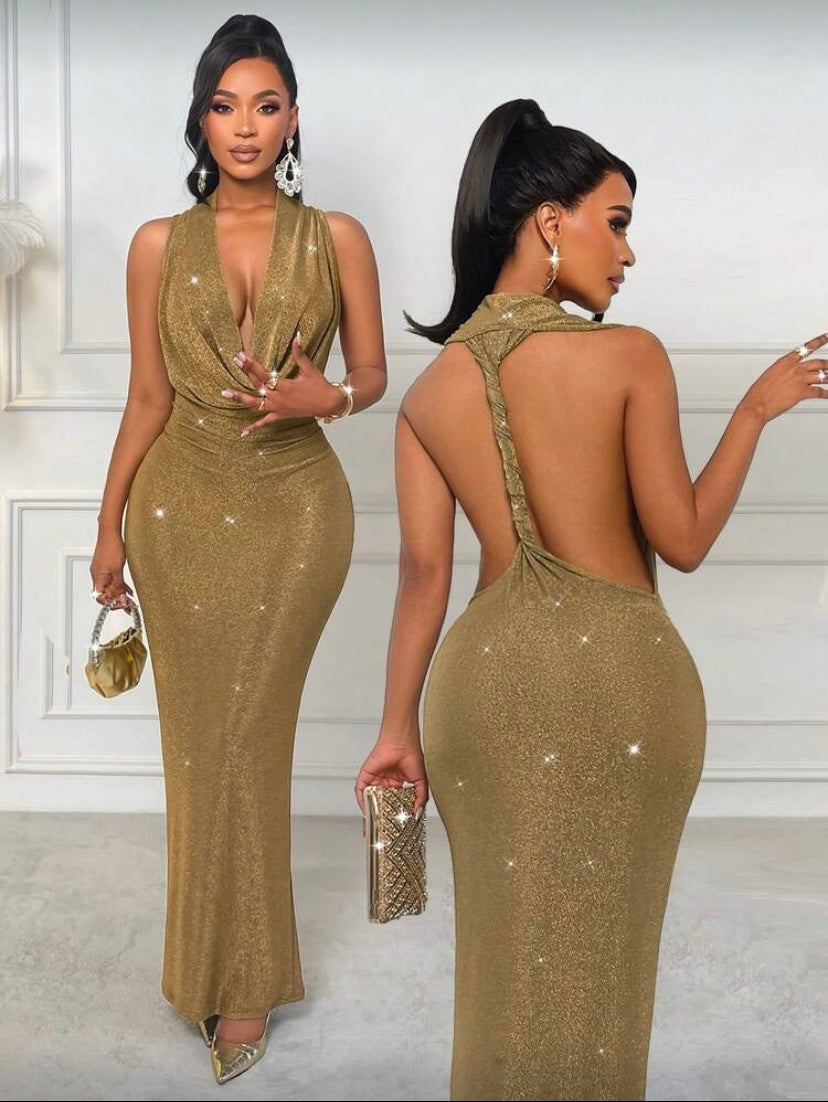 Robe élégante dos nu à col drapé, coupe fluide et extensible, couleur unie ✨