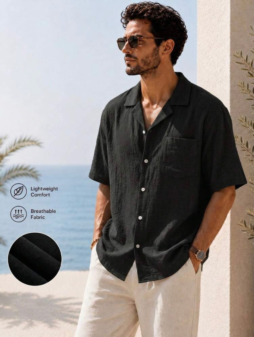 Chemise décontractée pour homme coupe ample effet lin, légère et respirante, idéale pour les vacances d’été et les sorties décontractées.