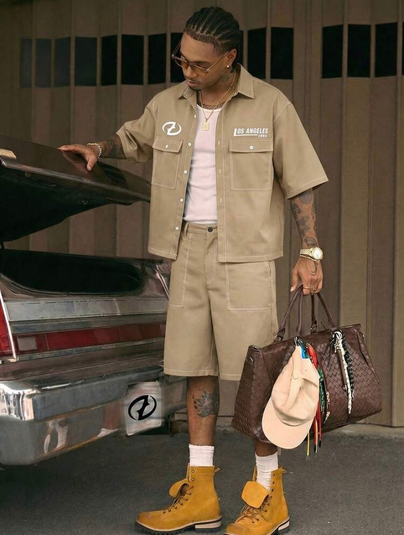 Ensemble décontracté pour homme avec chemise à boutons et short assorti à contrastes de couleurs, idéal pour l’été et les loisirs.