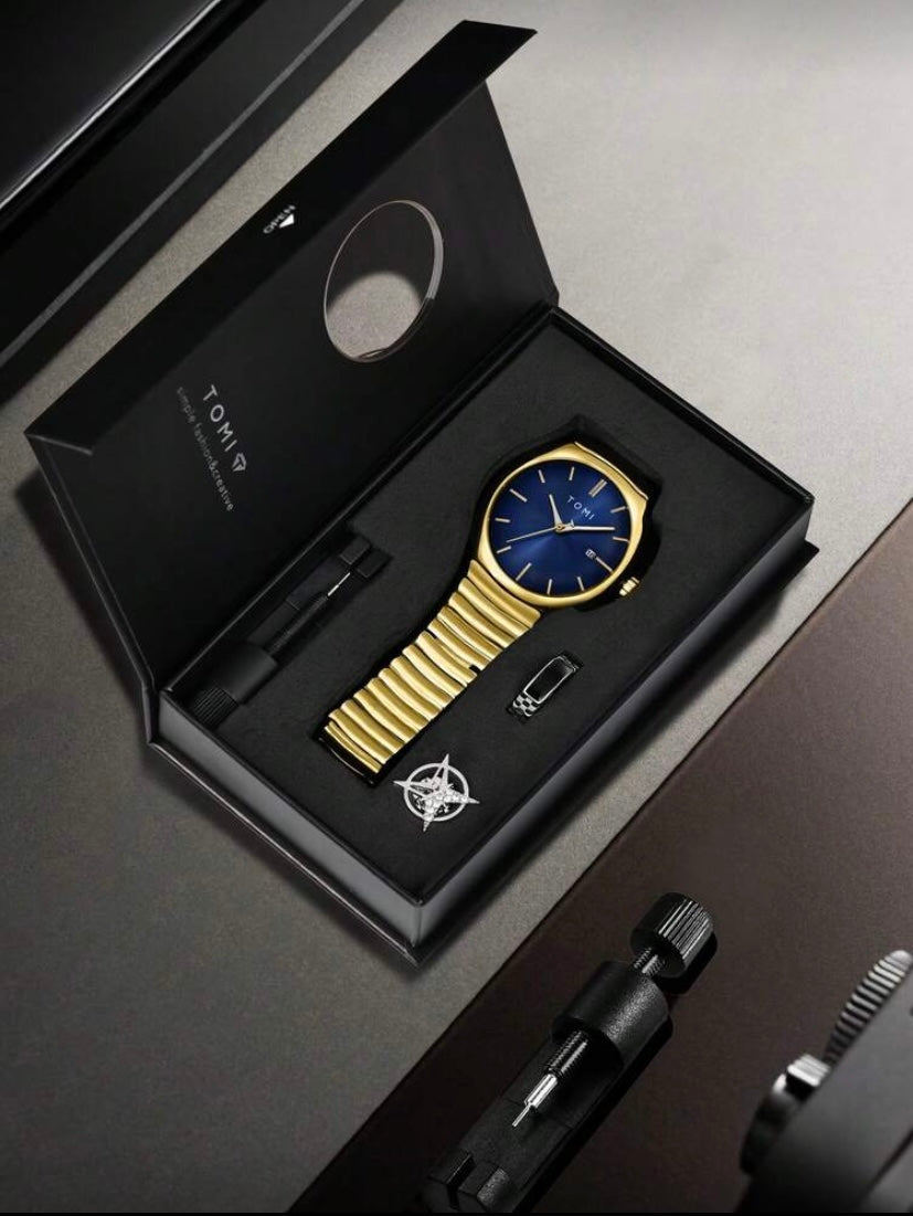 Montre Homme avec Broche Étoile et Bague, Bracelet Alliage de Zinc, Cadran Rond Quartz, Coffret Cadeau
