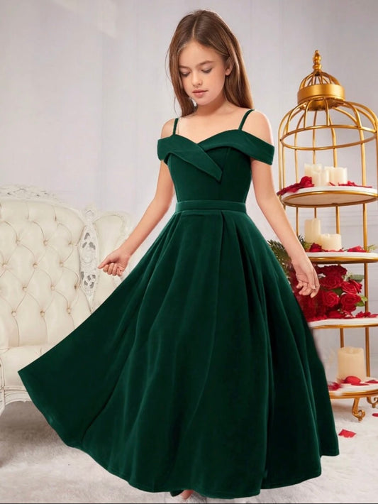 Robe Longue Velours Fille Épaule Dénudée – Style Princesse