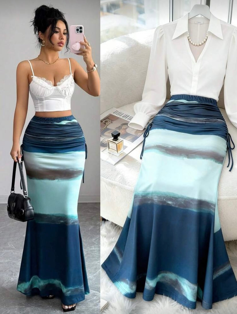 Jupe Longue Taille Haute Plissée, Imprimé Tie-Dye Vintage, Coupe Ajustée, Ourlet Sirène Élégant