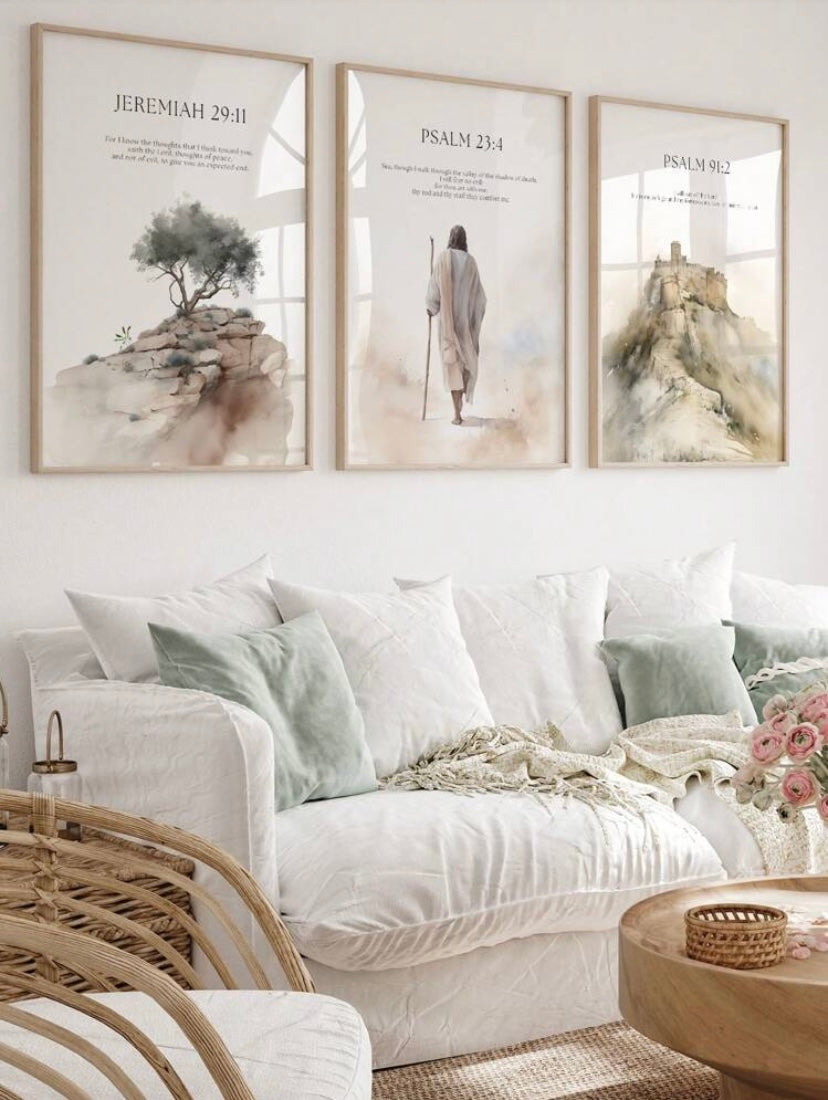 Lot de 3 toiles murales avec portrait de Jésus et paysage naturel, décoration bohème élégante sans cadre pour salon, bureau ou chambre, idée cadeau chrétienne raffinée
