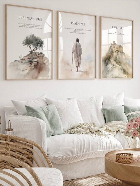 Lot de 3 toiles murales avec portrait de Jésus et paysage naturel, décoration bohème élégante sans cadre pour salon, bureau ou chambre, idée cadeau chrétienne raffinée